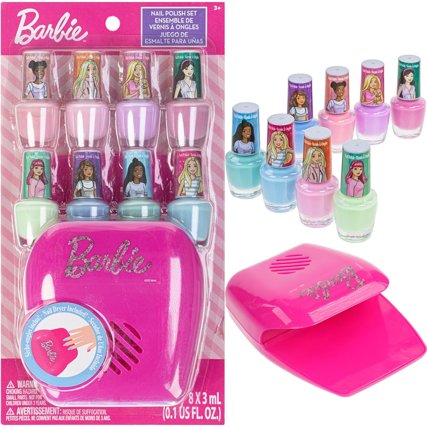 Barbie - Juego de esmaltes de uñas seguros a base de agua no tóxicos con secador de uñas 