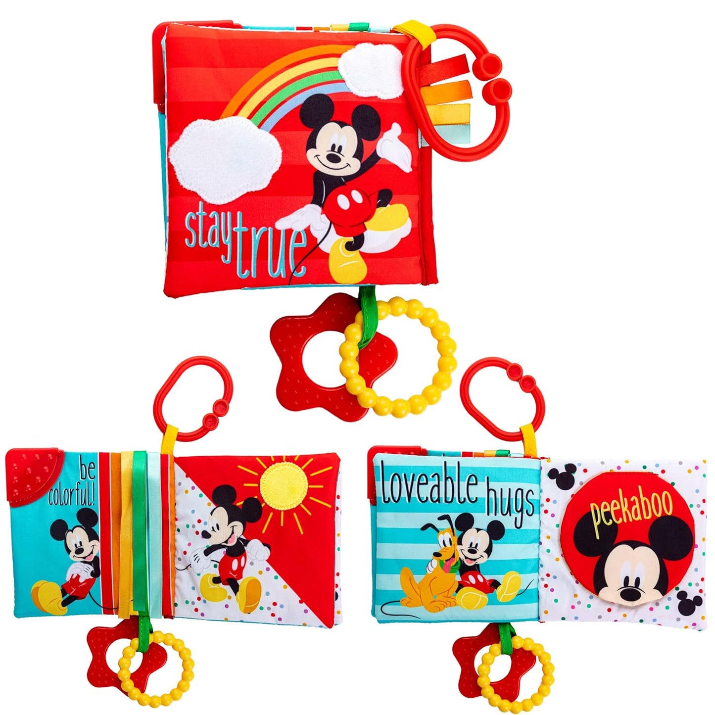 Mickey Mouse - Libro suave y arrugado colorido con esquina de dentición y clip para bebés