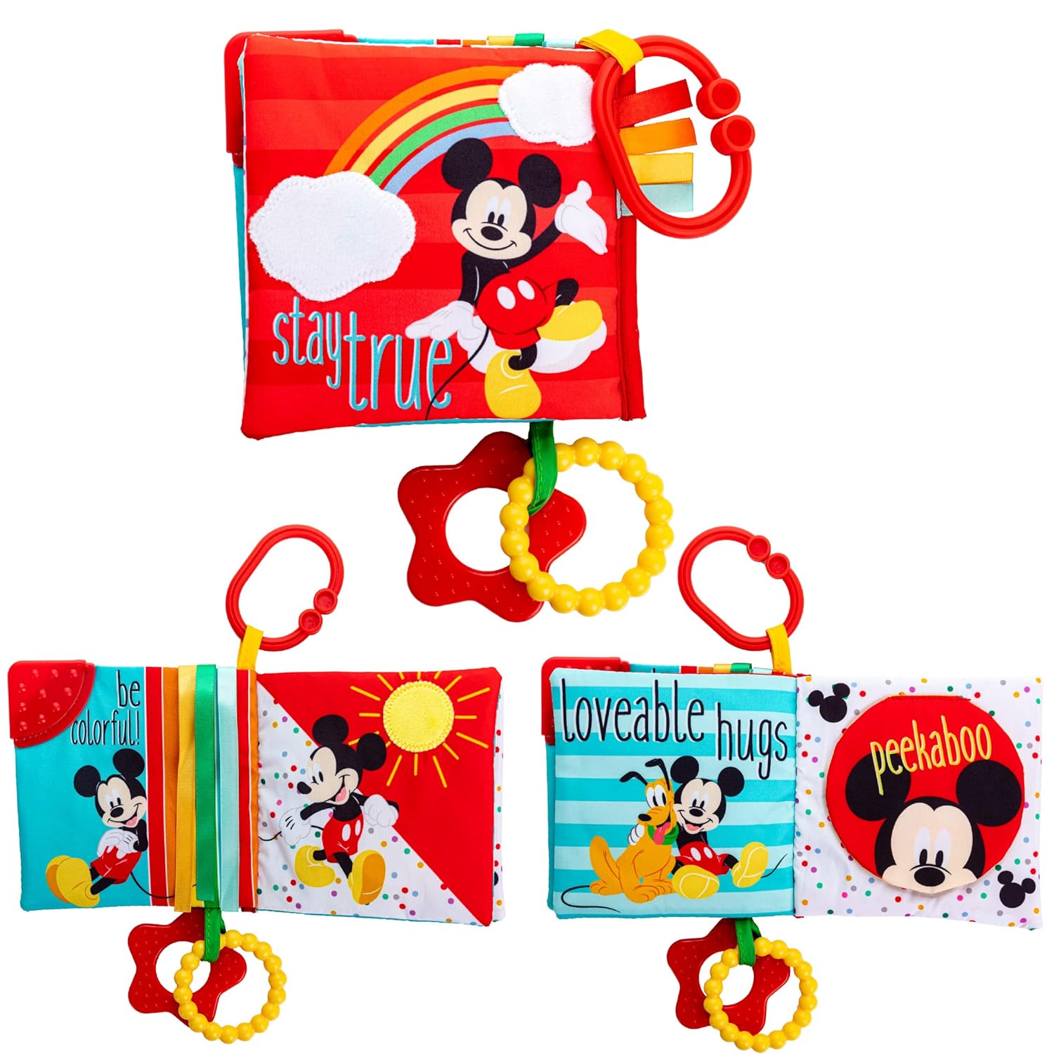 Mickey Mouse - Libro suave y arrugado colorido con esquina de dentición y clip para bebés