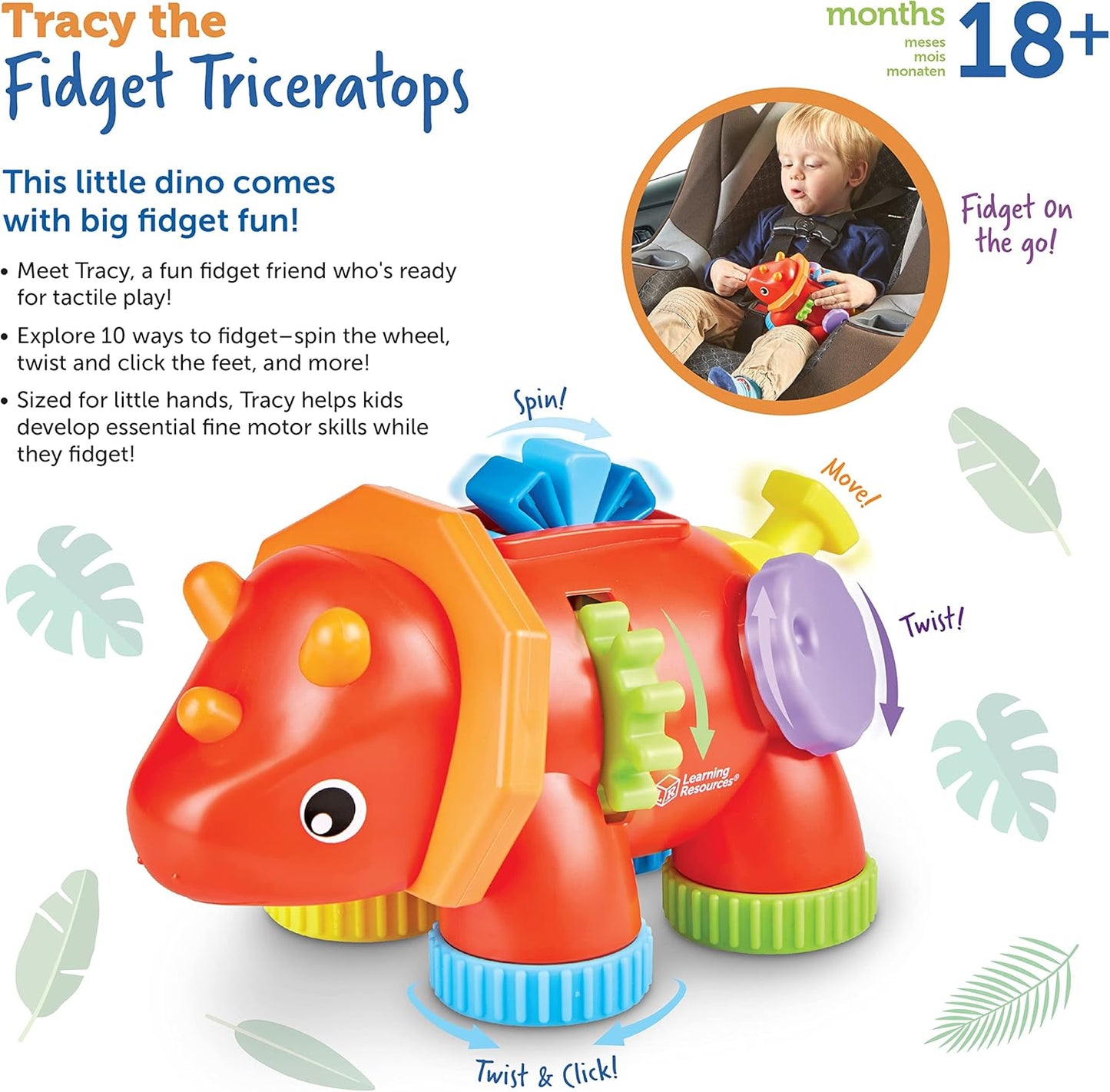 Tracy the Fidget Triceratops,1 Piece, Ages 18 Months+, Baby Toys,Sensory Toys for Toddlers, Fine Motor Toys,Montessori Toys