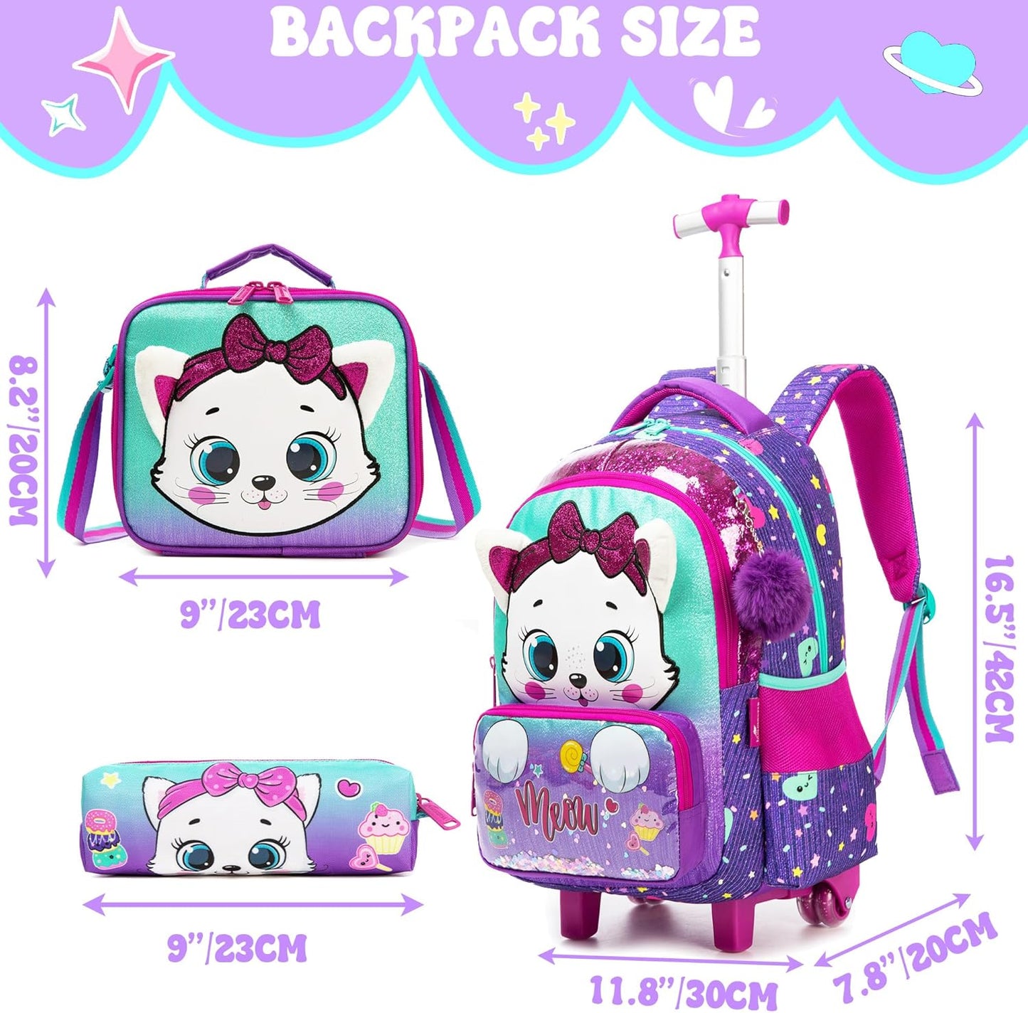 Set de Mochila con rueda 16.5 pulgadas, 3 piezas