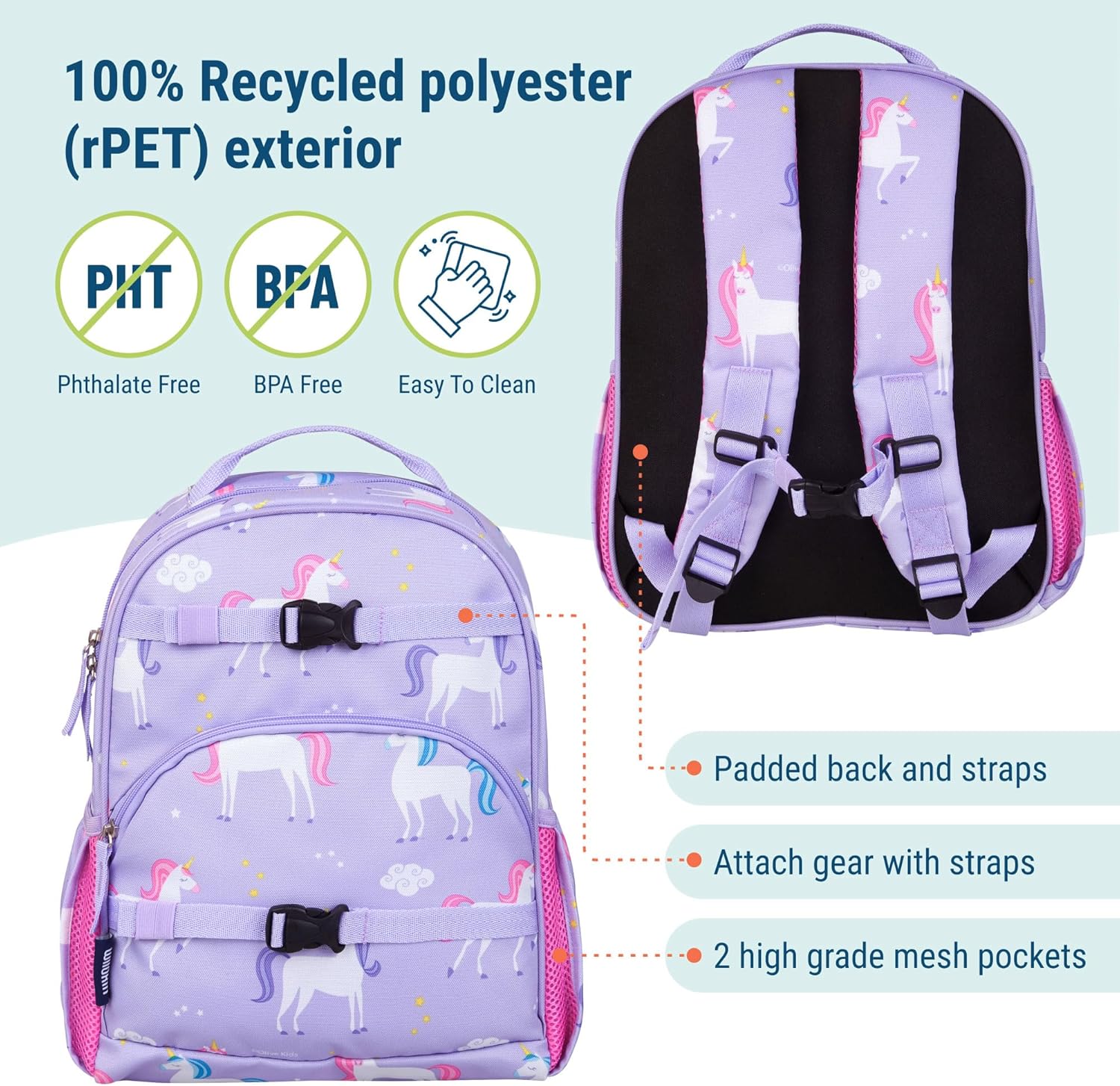 Mochila para niños Wildkin ECO rPET de 15 pulgadas Unicornios con espalda acolchada