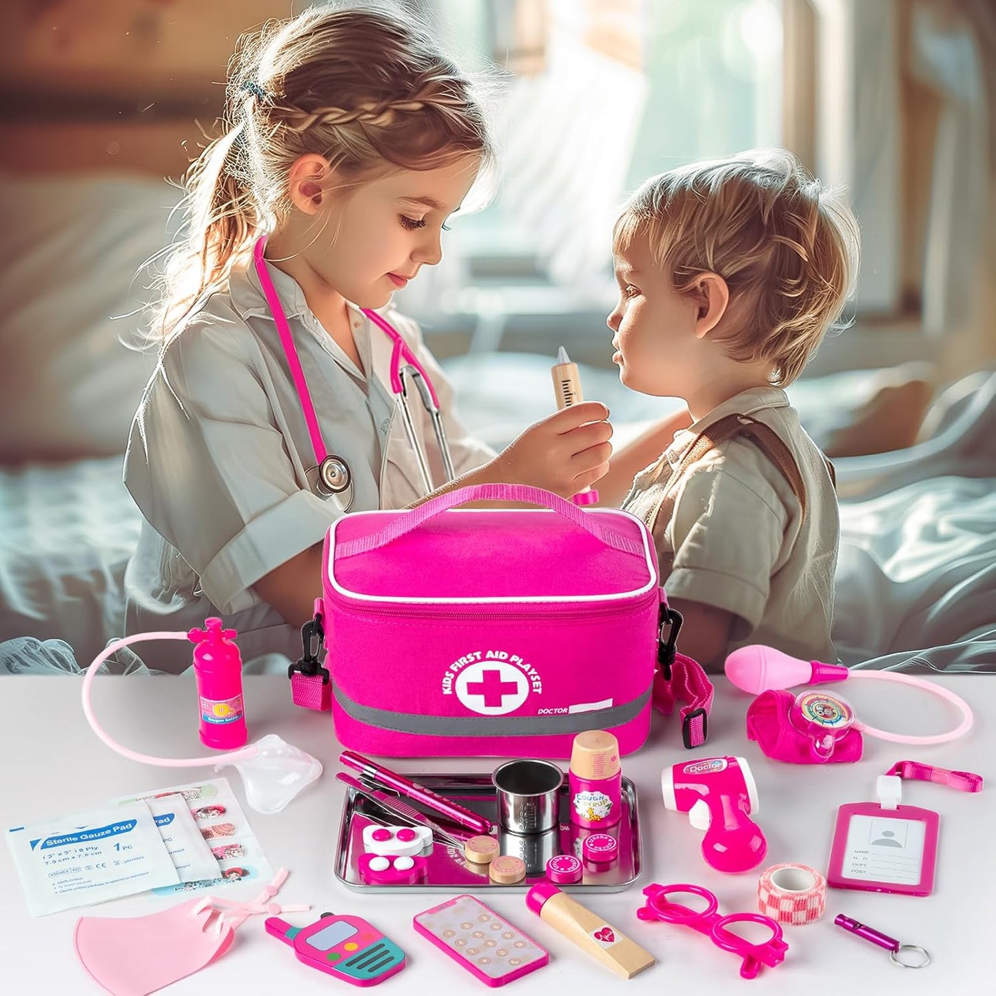 Kit de médico para niños y niñas, 34 piezas para niños pequeños de 3 a 5 años con bolsa de almacenamiento médico y estetoscopio real, juego de doctor para juegos de rol, juego de doctor para niños