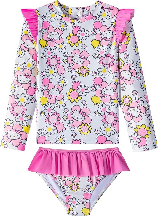 Traje de baño de dos piezas Hello Kitty Sanrio para niñas con protección solar UPF 50+,