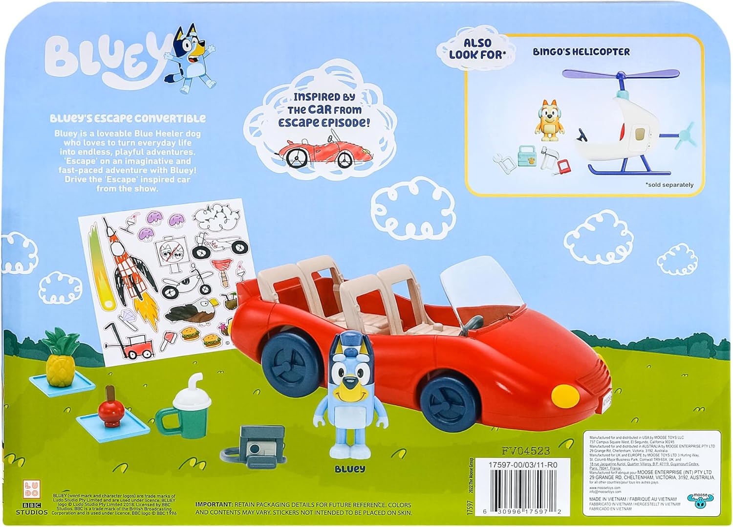 Bluey Paquete de vehículos y figuras, Escape Convertible con figura 