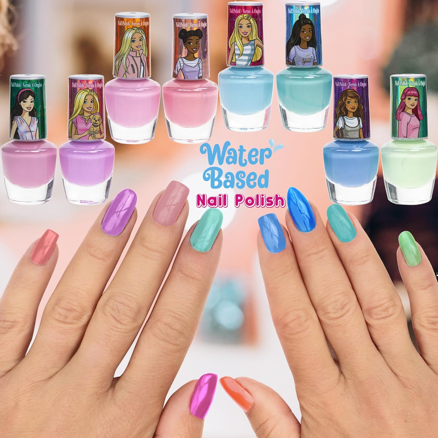 Barbie - Juego de esmaltes de uñas seguros a base de agua no tóxicos con secador de uñas 