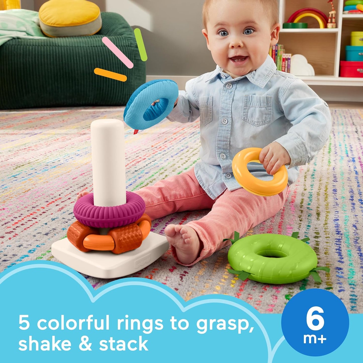 Fisher-Price Juguetes apilables sensoriales Rock-A-Stack Anillos con actividades motoras finas en base Roly-Poly 