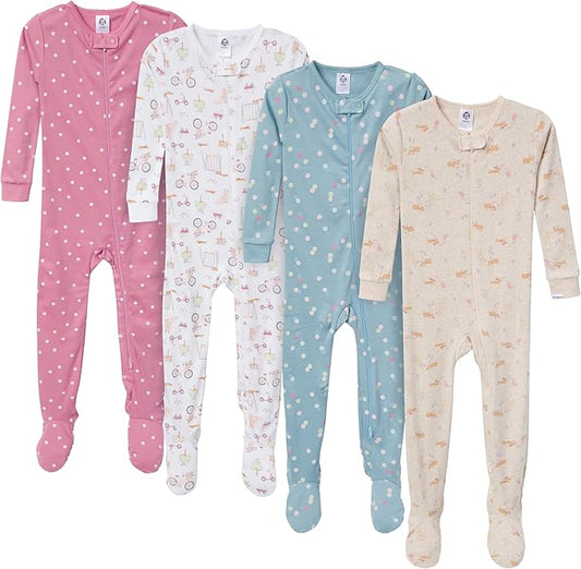 Gerber Pijama con pies para bebé niña, paquete de 4