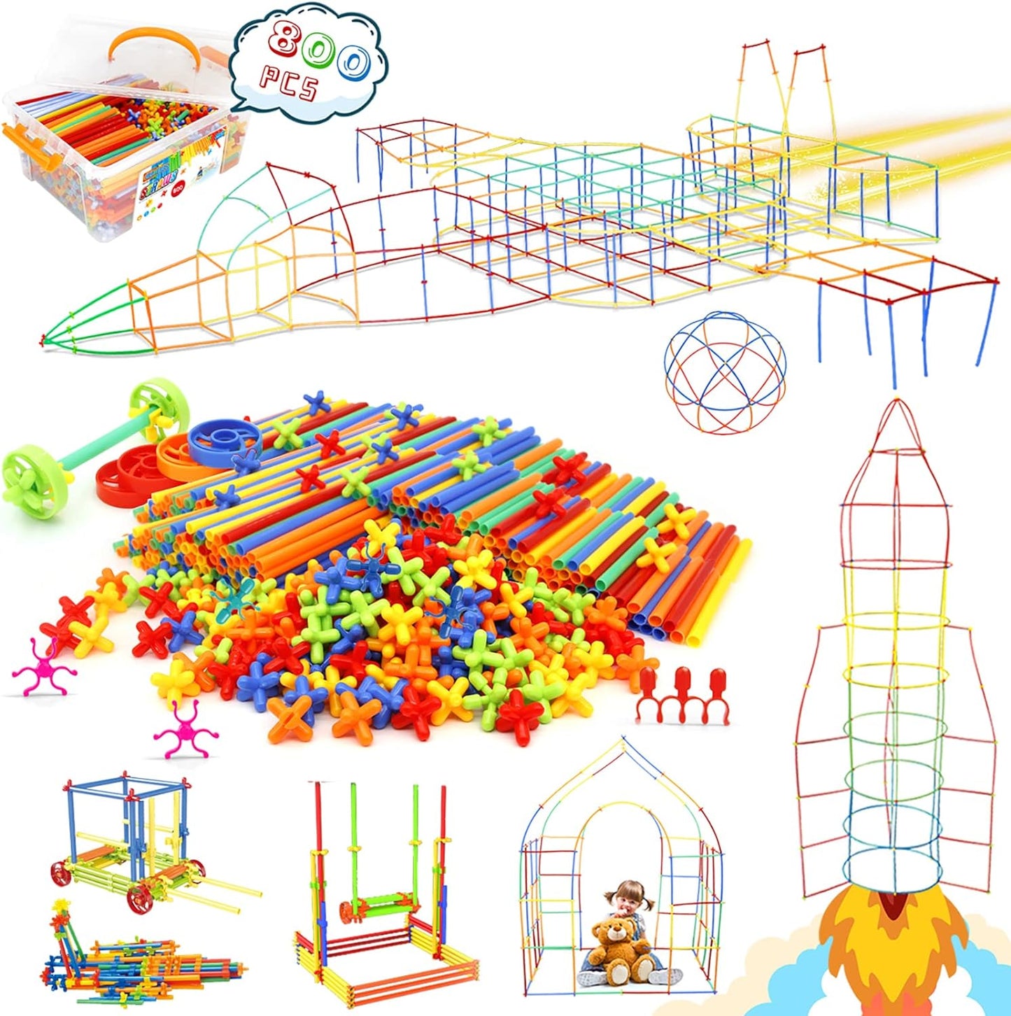 Straw Constructor Toys STEM Building Toys 600Pcs Straw Toy Interlocking Plastic Toys Engineering Toys Thin Tube Blocks Toy Educational Toy Kit for 3 4 5 6 7 8 Years Kids Toy for Boys and Girls