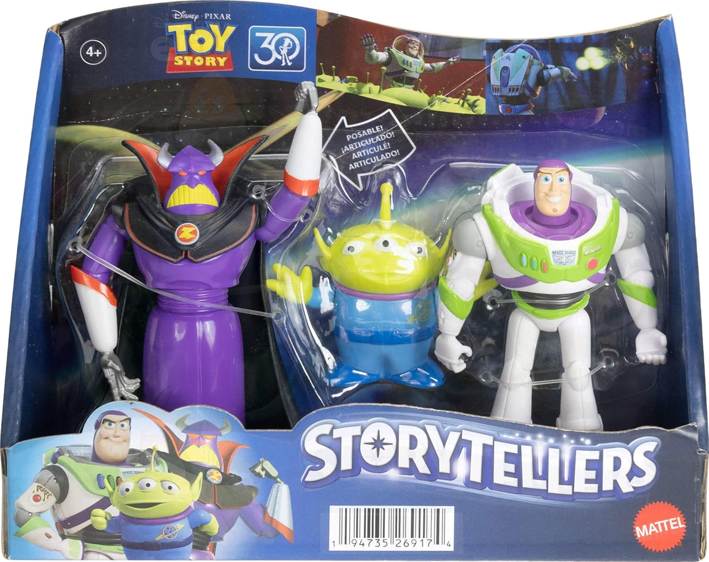 Paquete de 3 figuras de acción, 4 pulgadas a escala Buzz Lightyear, Zurg & Alien Posable Toys