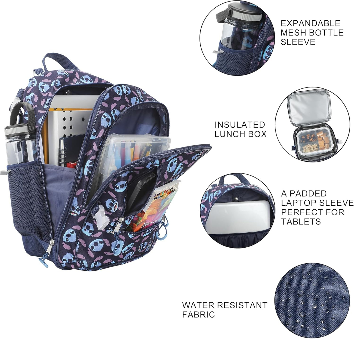Disney's Stitch - Juego combinado de mochila y lonchera de 4 piezas de 16 pulgadas