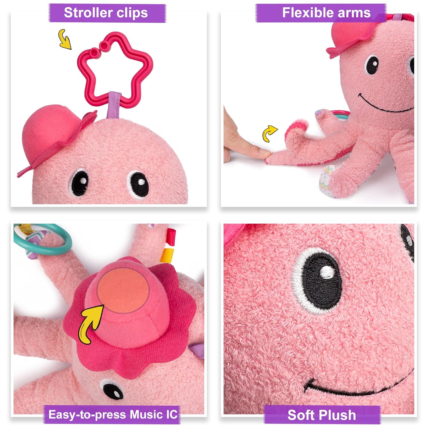 Infant Baby Girls Musical Stuffed Animal Activity Soft Toys with Multi-Sensory Crinkle, Mirror, Rattle and Textures for 0-3-6-12 Months Developmental Toys, Octopus,Pink