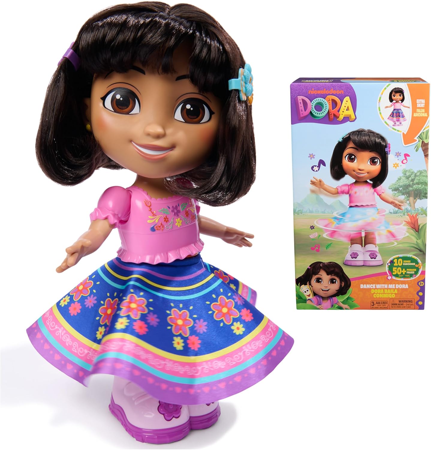 Dora, Dance with Me Dora, muñeca bailarina interactiva con 2 faldas, frases bilingües y música