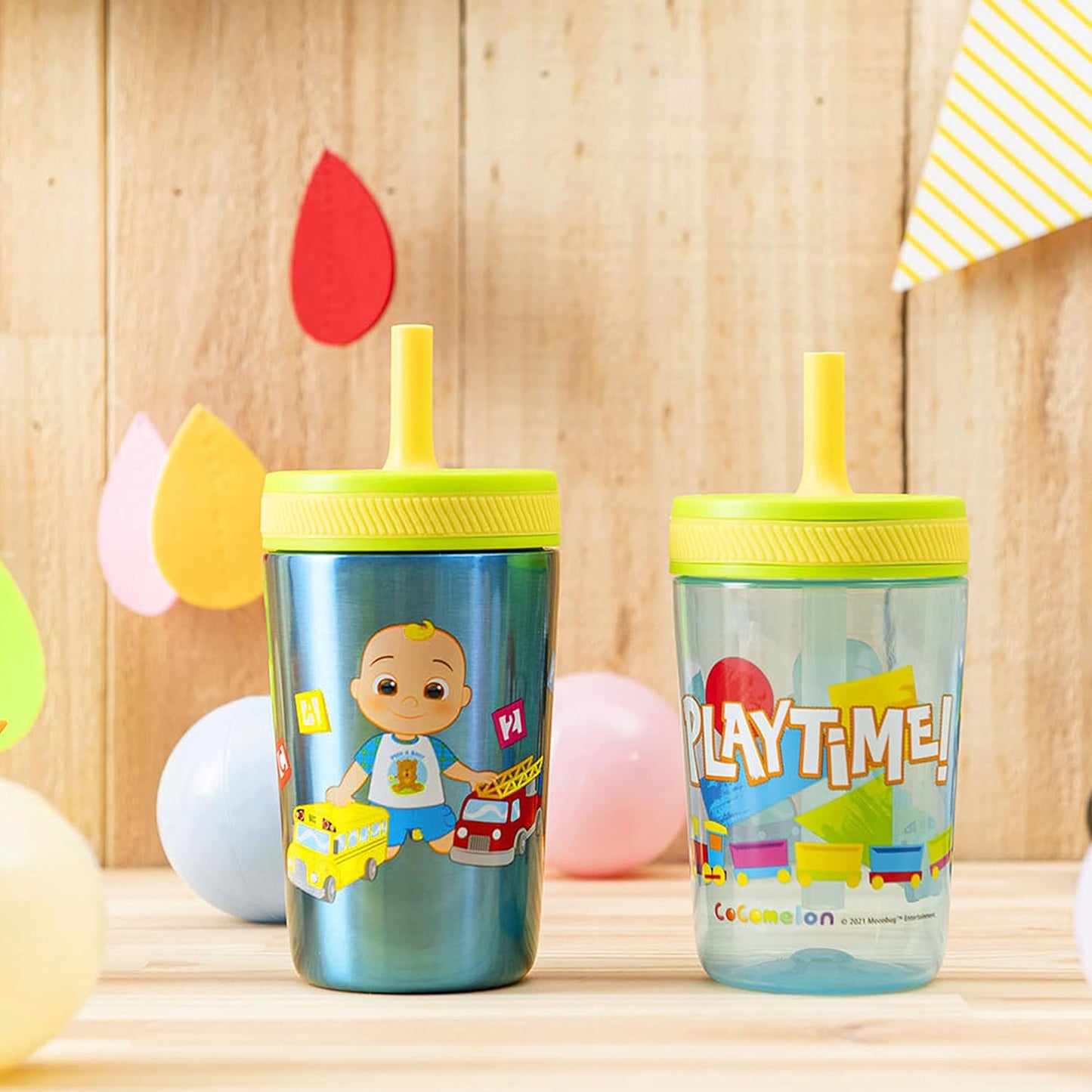 Zak Designs CoComelon Kelso - Juego de vasos con tapa de rosca a prueba de fugas con pajilla, paquete para niños, incluye vasos de plástico y acero inoxidable con sorbete