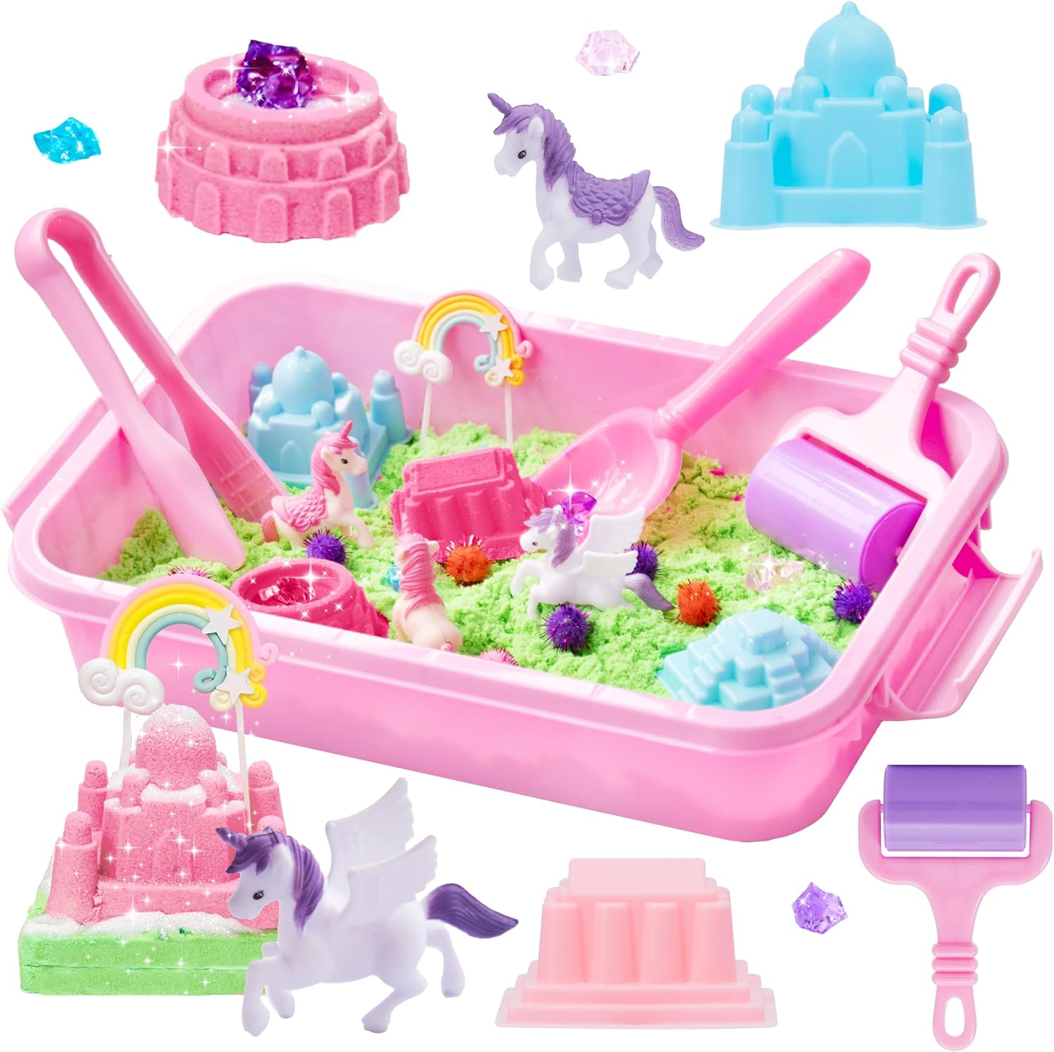 Cubo sensorial de unicornio, juguete de unicornio para niños, moldes de castillo, arena sensorial, kit de arte de arena para niños y niñas,