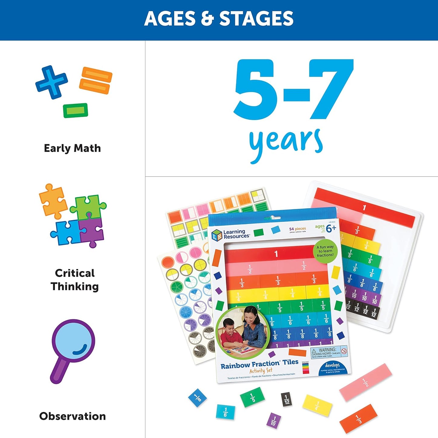 Learning Resources Azulejos de fracción arcoíris – 54 piezas, a partir de 6 años, habilidades matemáticas tempranas, ayuda visual, matemáticas para niños