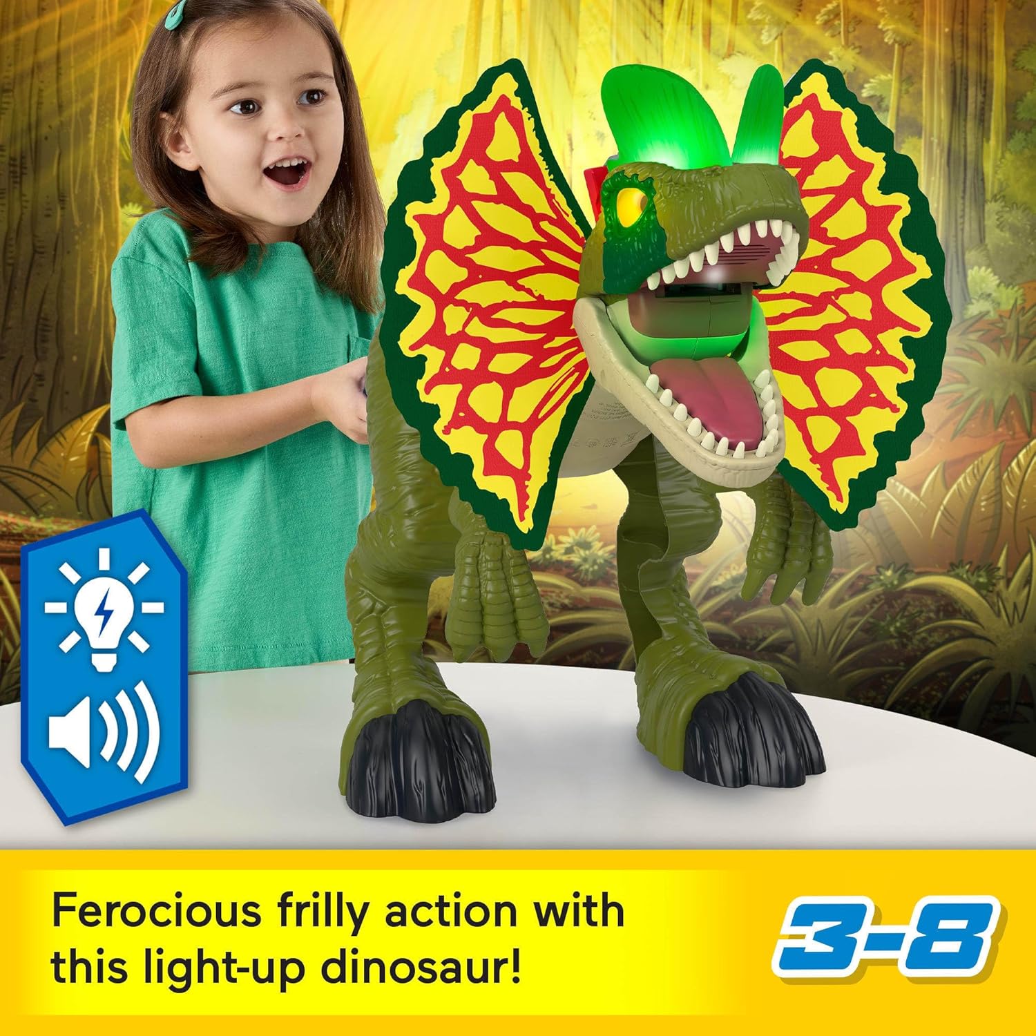 Fisher-Price Imaginext Jurassic World - Juguete de dinosaurio Thrash Attack Dilophosaurus de más de 16 pulgadas con luces y sonidos