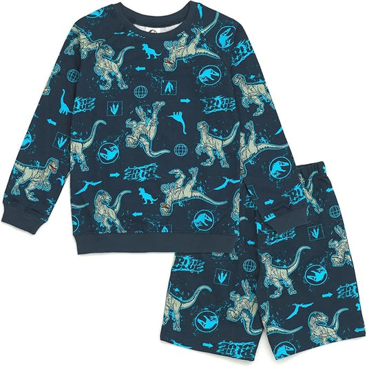 Jurassic World Jurassic Park - Sudadera azul de felpa francesa y pantalones cortos