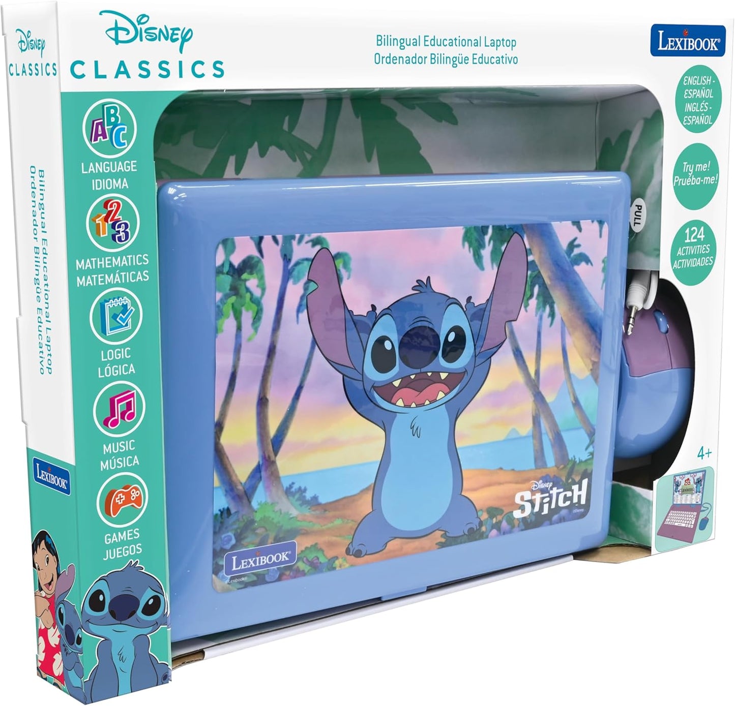 Lexibook - Disney Stitch - Portátil educativo bilingüe inglés/español, 124 actividades lingüísticas, escritura, matemáticas, lógica, música y juegos