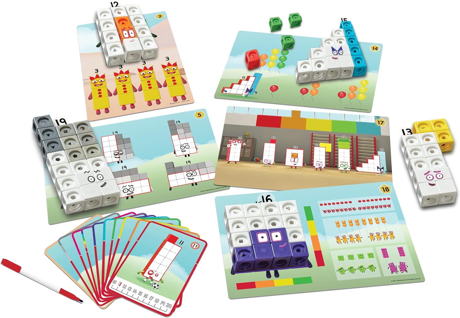 Numberblocks MathLink Cubes - Juego de actividades de 11 a 20, 30 actividades de bloques de números vinculadas a episodios de televisión, 155 cubos NumberBlocks MathLink