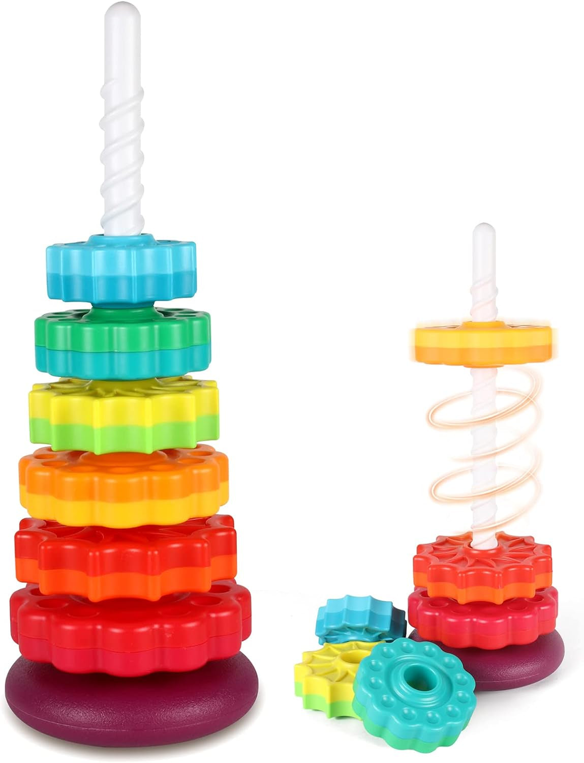 Baby Spinning Stacking Toys for Toddlers 1-3, Rainbow Ring Stacker Montessori Toys for Babies 6-12 Months, 1 2 3 One Year Old Girl Boy Christmas Birthday Gifts, Autism Sensory Learning Toy