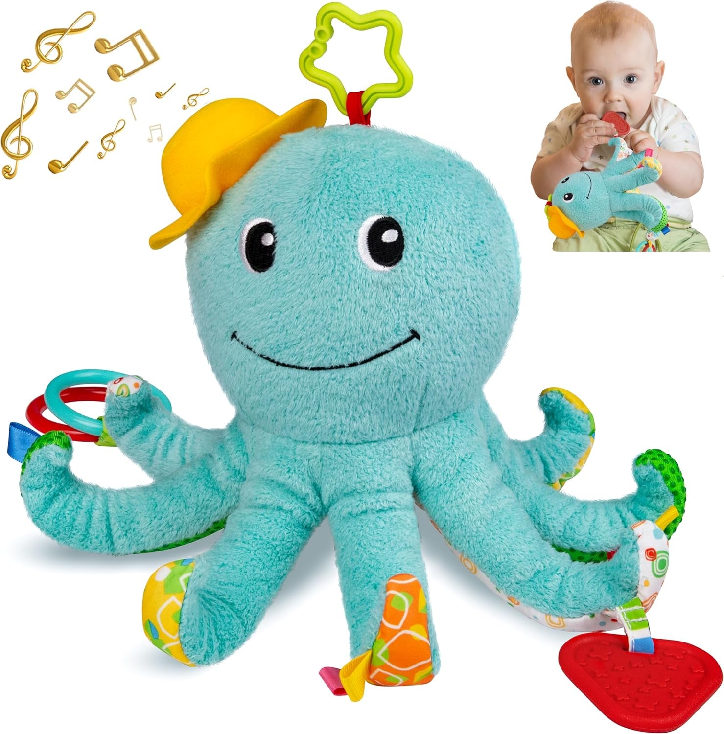 Infant Baby Girls Musical Stuffed Animal Activity Soft Toys with Multi-Sensory Crinkle, Mirror, Rattle and Textures for 0-3-6-12 Months Developmental Toys, Octopus,Blue