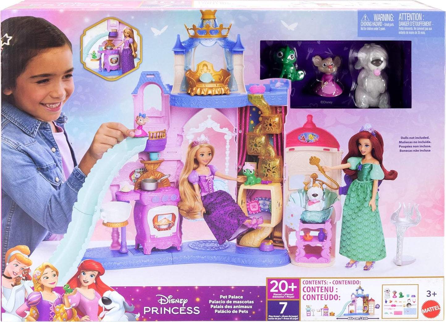 Mattel Castle Playset con 7 áreas de juego, 3 amigos animales, muebles y 17 accesorios
