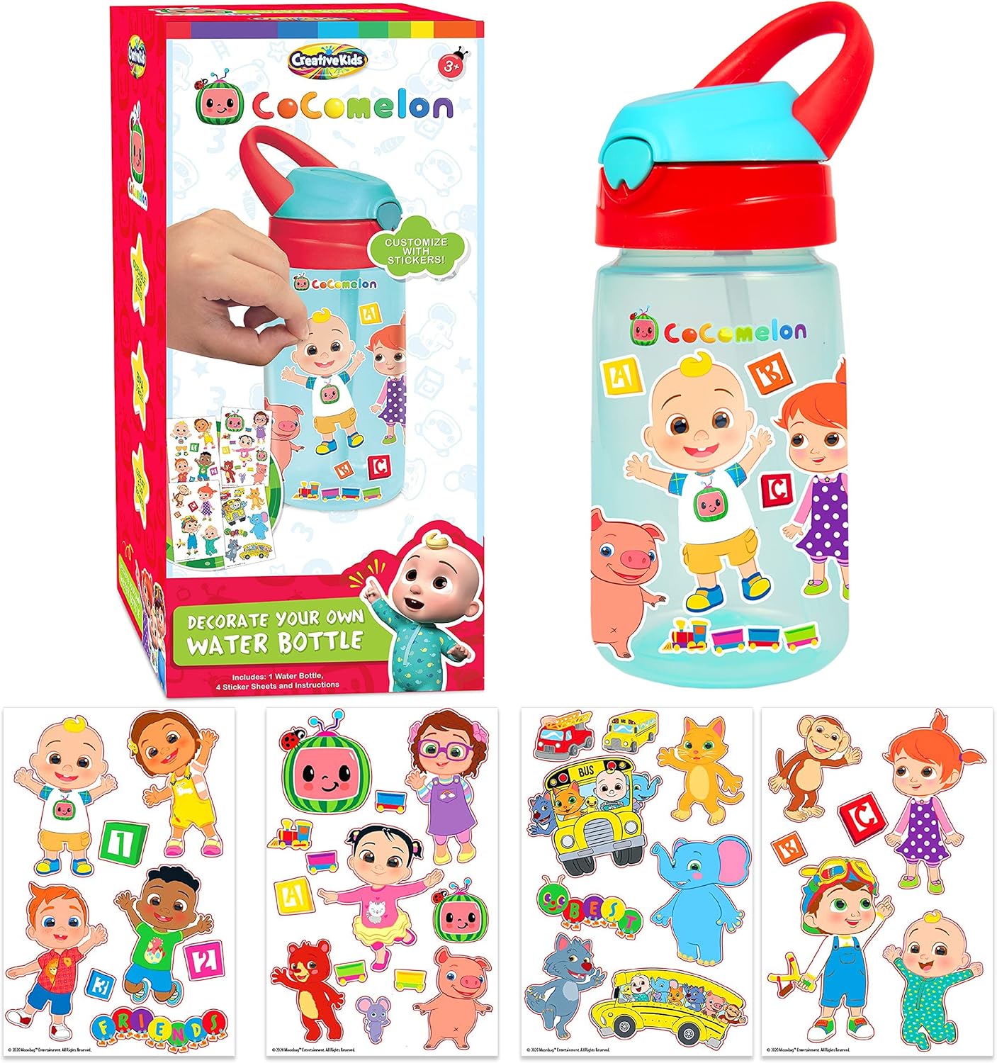 Cocomelon Decora tu propia botella de agua sin BPA con 4 hojas de calcomanías