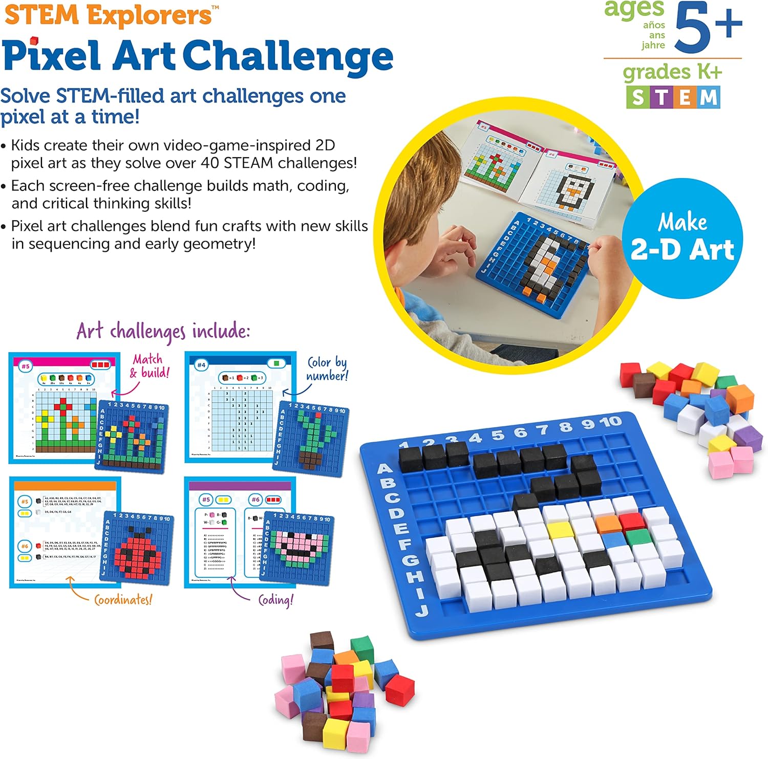 Learning Resources STEM Explorers Pixel Art Challenge, 402 piezas, a partir de 5 años, juguetes STEM para niños, conceptos básicos de codificación para niños