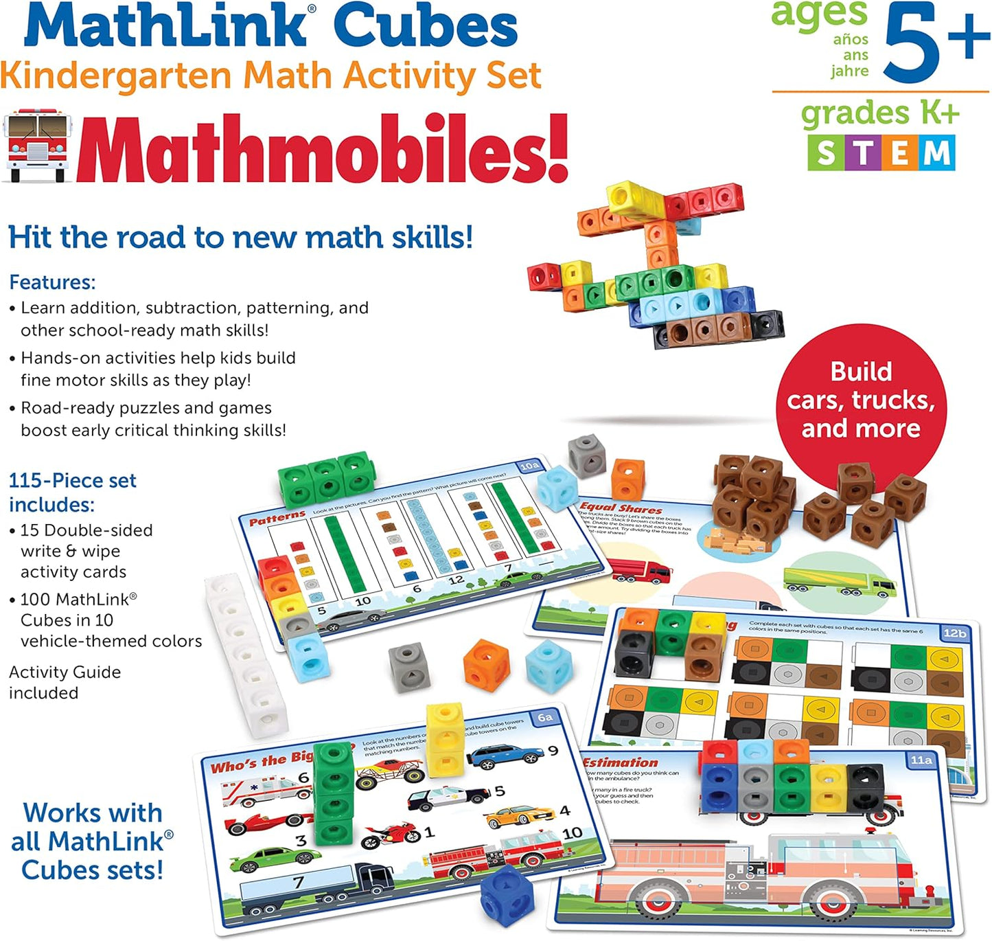 Mathlink Cubes Kindergarten Math Activity Set: Mathmobiles! 115 Pieces, Ages 5+ Kindergarten STEM Activities, Math Activity Set and Games for Kids