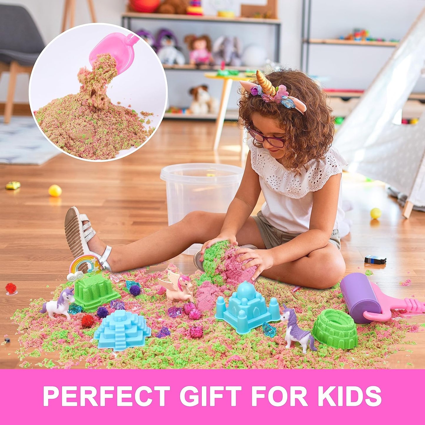 Cubo sensorial de unicornio, juguete de unicornio para niños, moldes de castillo, arena sensorial, kit de arte de arena para niños y niñas,