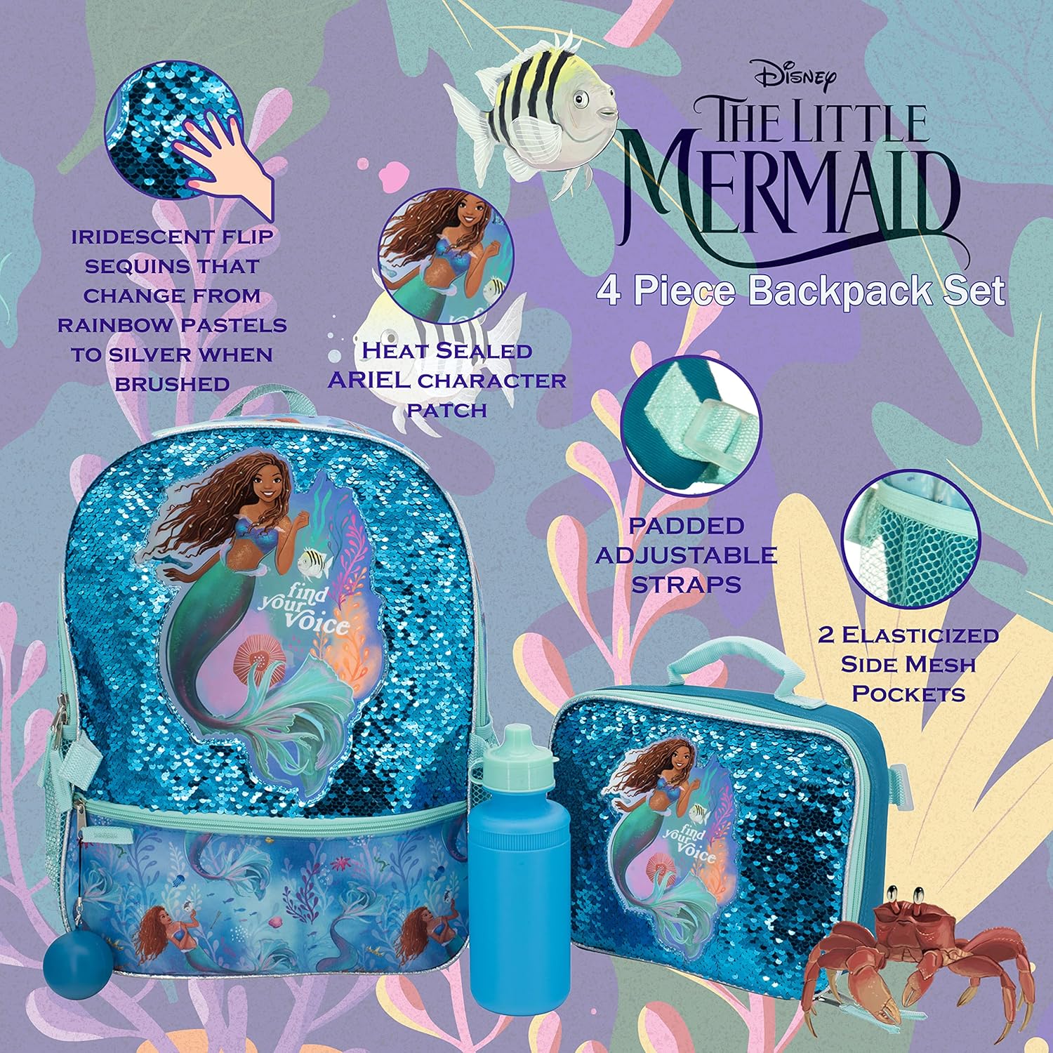 Disney The Little Mermaid Movie - Juego de mochila de 4 piezas  16 pulgadas