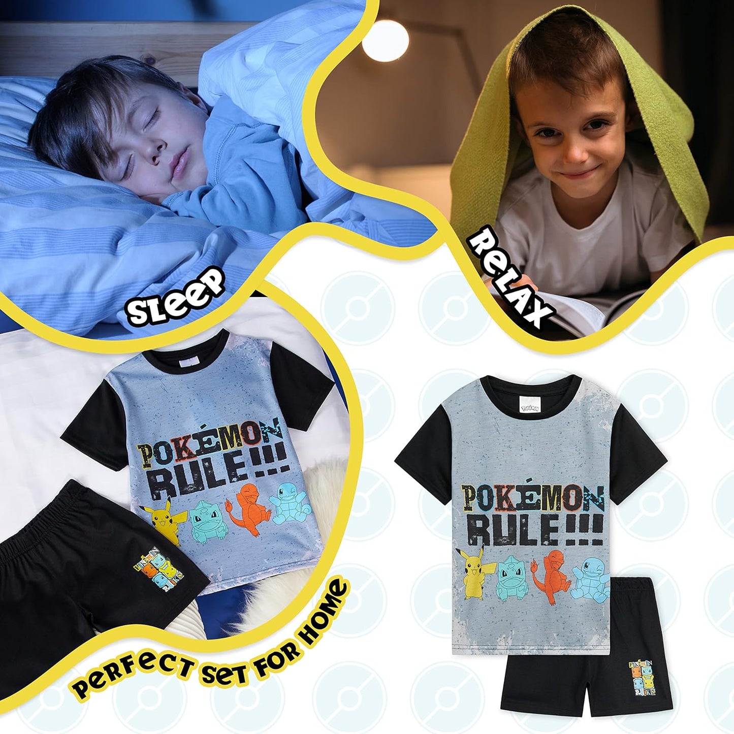 Pokemon Pijamas para niños y adolescentes, camiseta y pantalones cortos