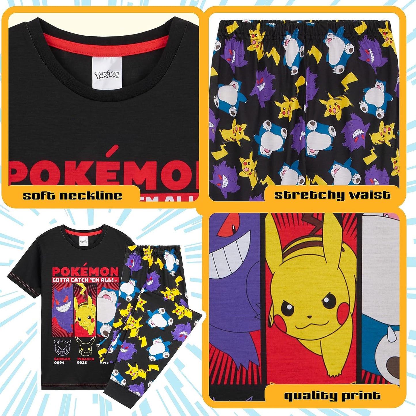 Pokemon Conjunto de pijama para niños, camiseta y pantalones largos