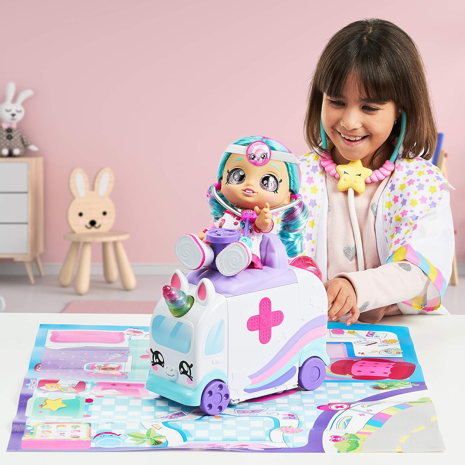 Kindi Kids Hospital Corner - Ambulancia Unicornio - Alfombra de juego incluida