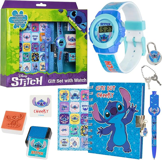 Disney Stitch - Juego de reloj digital, coloridos sellos de tinta, diario y más