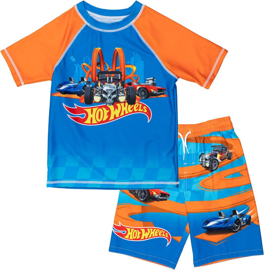 Hot Wheels Conjunto de traje de baño y camiseta de protección UPF 50+ para niños