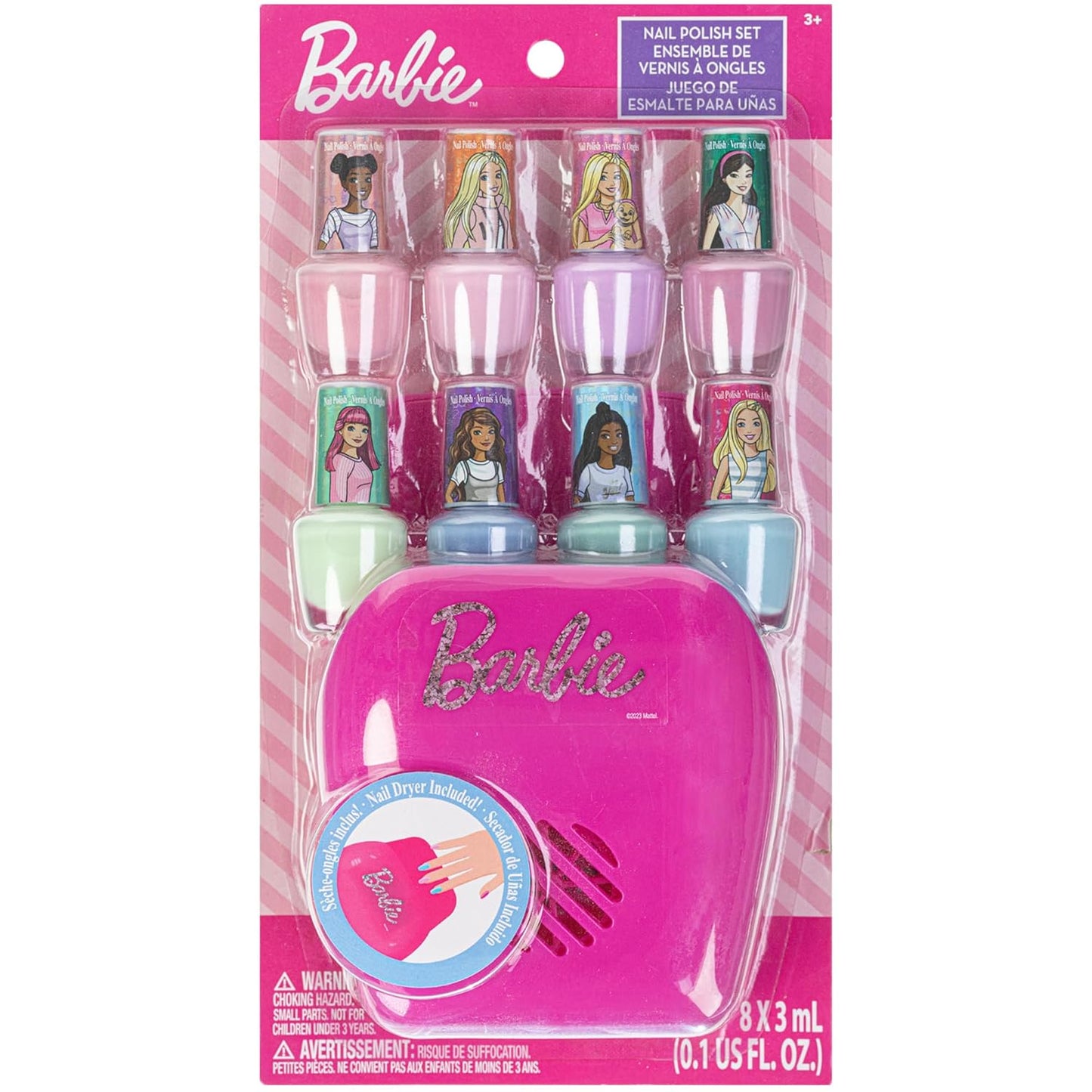 Barbie - Juego de esmaltes de uñas seguros a base de agua no tóxicos con secador de uñas 