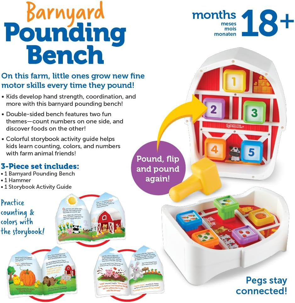 Barnyard Pounding Bench, Farm Animals for Kids,Fine Motor Skills for Ages 18 Months+, Montessori Preschool Toys, Toddler Toys