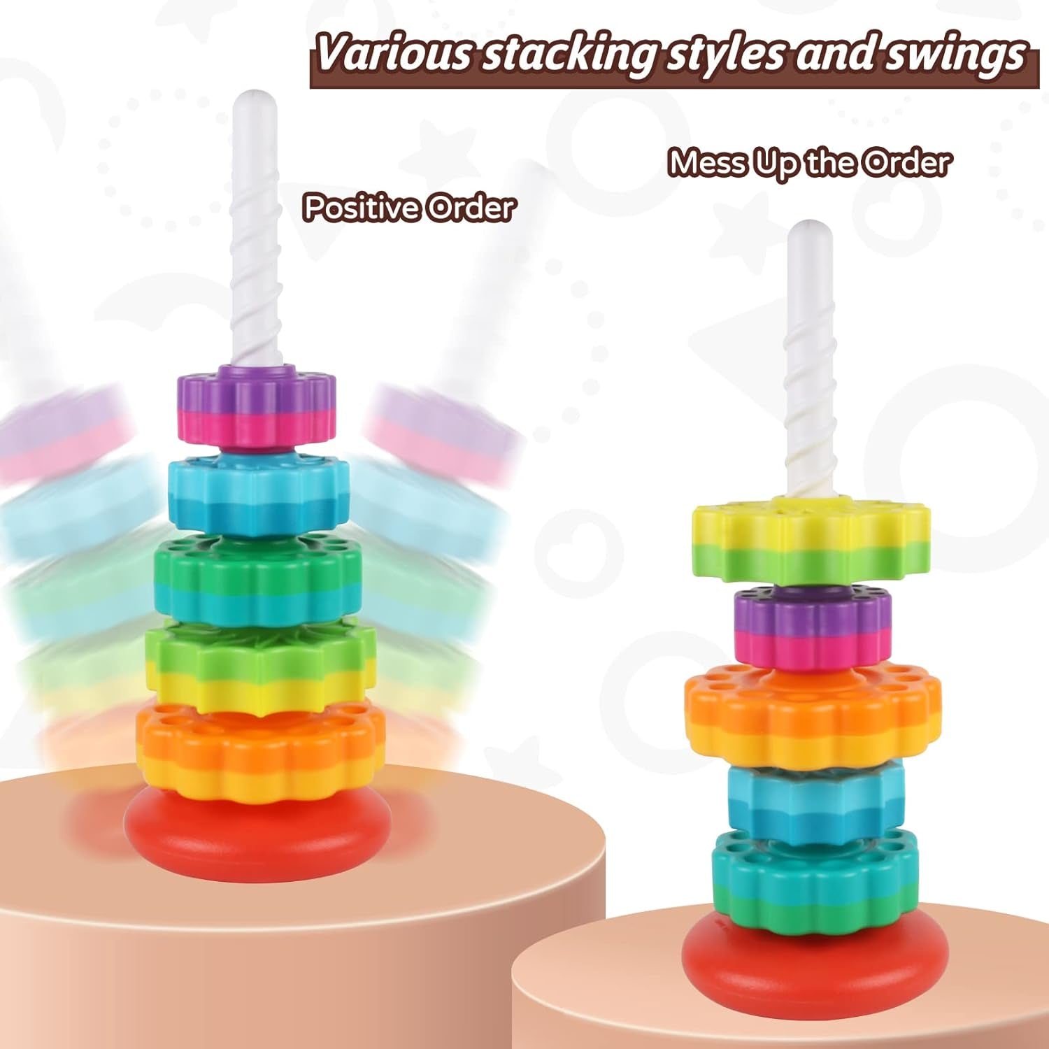 Baby Spinning Stacking Toys for Toddlers 1-3, Rainbow Ring Stacker Montessori Toys for Babies 6-12 Months, 1 2 3 One Year Old Girl Boy Christmas Birthday Gifts, Autism Sensory Learning Toy