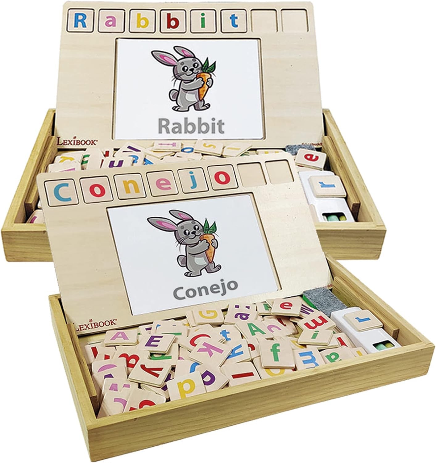 Bilingüe Español/Inglés, de madera, 50 tarjetas de palabras, alfabeto, juego educativo