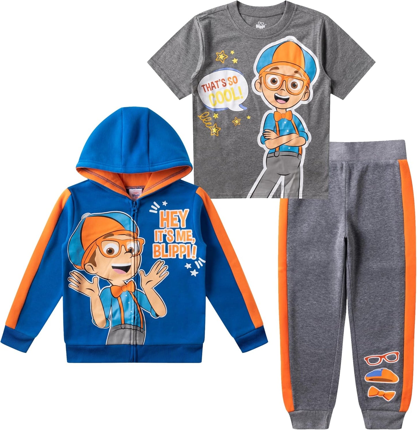 Blippi Conjunto de camiseta de 3 piezas para niños, sudadera con capucha y pantalones 