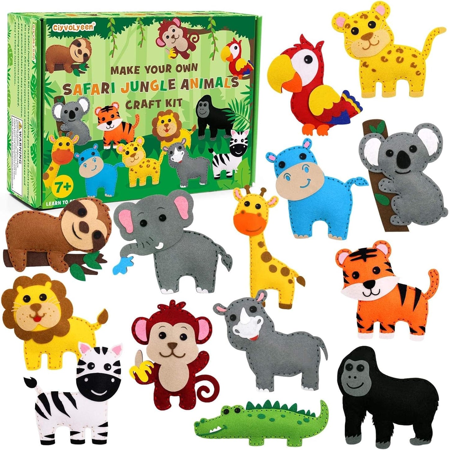 Safari Jungle Animals Sewing Craft Kit DIY Kids Craft and Sew Set for 7 8 9 10 11 12Girls and Boys Educational Beginners Sewing Stuffed Animal Felt Plush Ornaments Set of 14