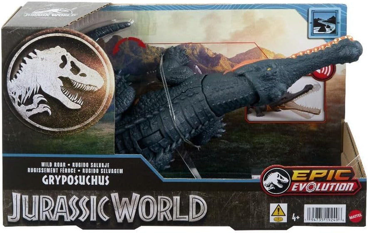 Mattel Jurassic World - Figura de dinosaurio Gryposuchus Wild Roar con sonido de rugido