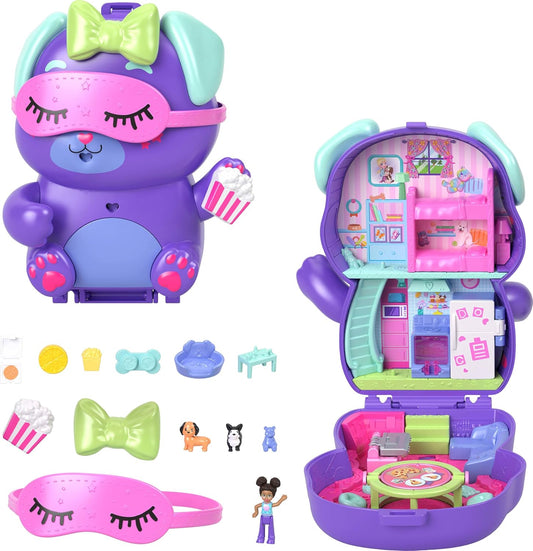 Polly Pocket Muñecas y juego de pijamadas, compacto para cachorros, juguete de viaje con 1 micro muñeca, perros de mascotas