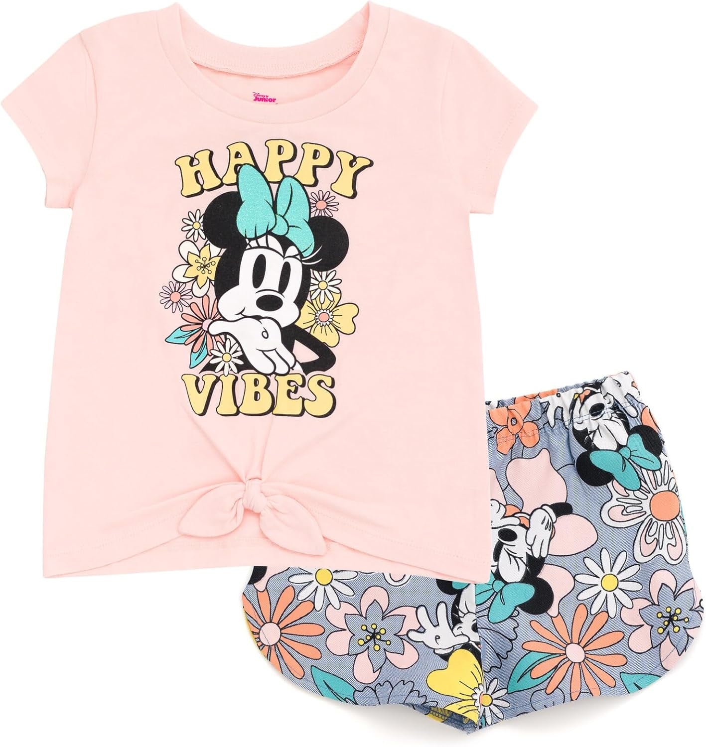 Disney Minnie Mouse - Conjunto de camiseta floral arcoíris y pantalones cortos