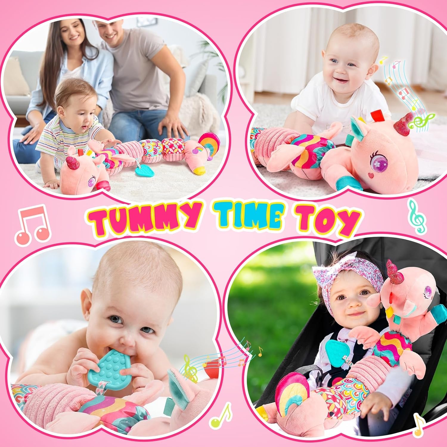 Baby Unicorn Toys 0-12 Months Infant Musical Stuffed Toy with Teether, Rattle, Multi-Sensory Crinkle - Montessori Toys for 0-3-6-12 Month Girls Easter Basket Stuffers for Newborn Babies Gifts