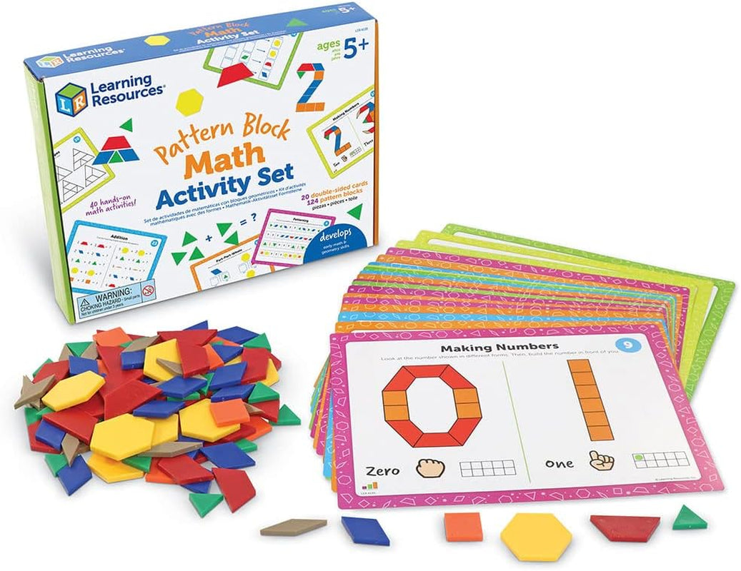 Learning Resources Juego de actividades matemáticas de bloques de patrones, juegos de matemáticas para niños, juegos educativos, matemáticas preescolares, Montessori, 144 piezas, a partir de 5 años