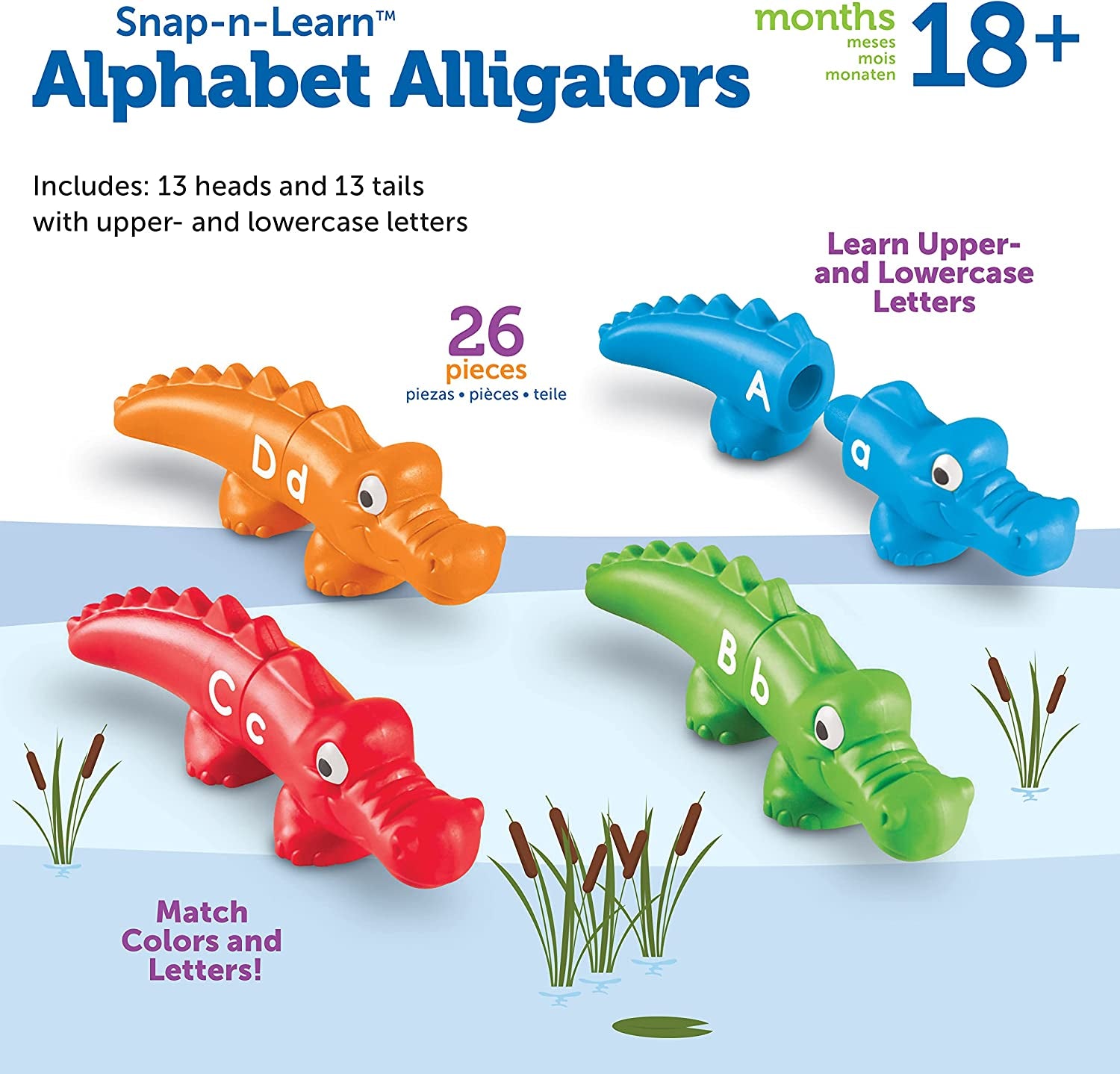 Snap-N-Learn Alphabet Alligators, Fine Motor Toy, 26 Double-Sidedpiece, Ages 18 Months +, Multicolor