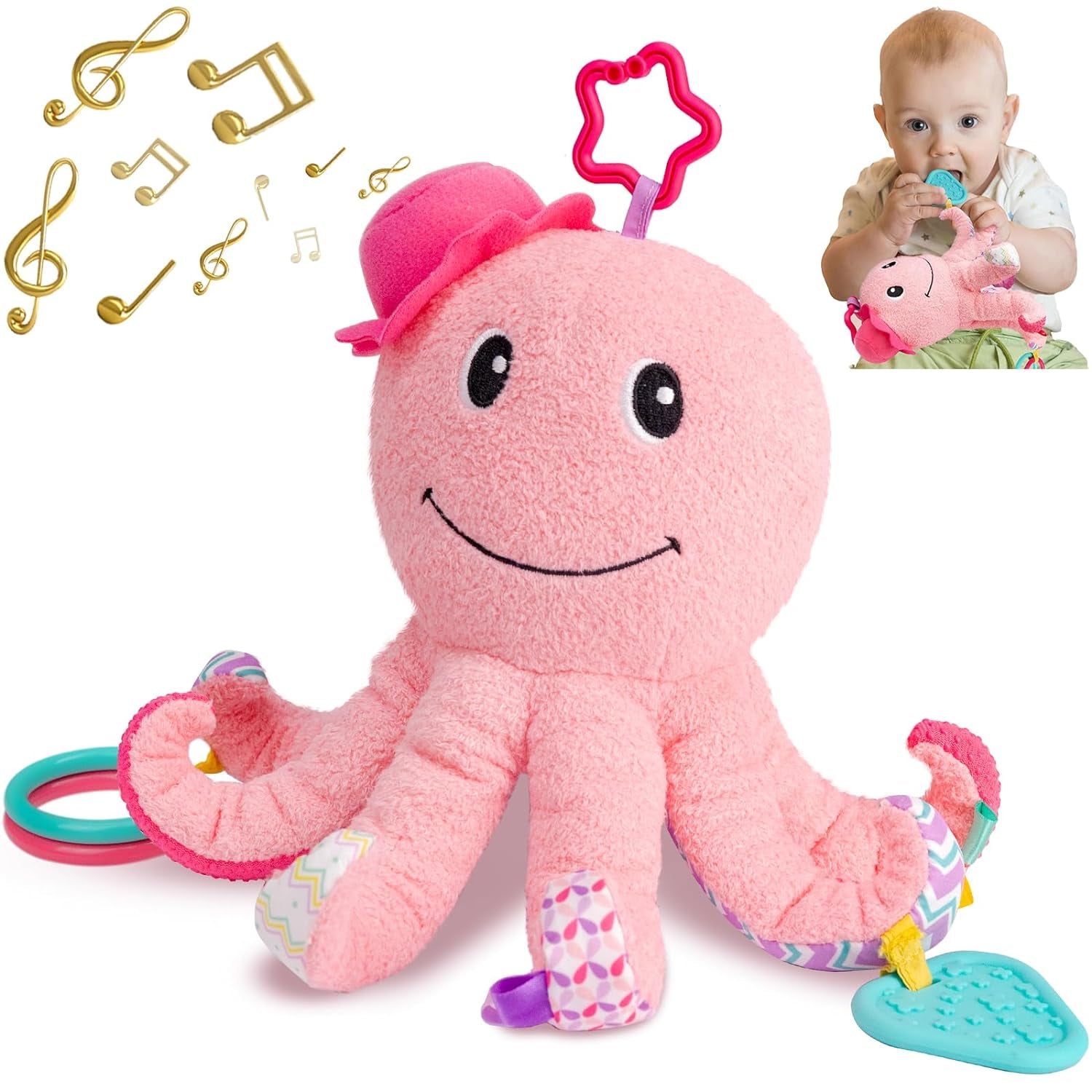 Infant Baby Girls Musical Stuffed Animal Activity Soft Toys with Multi-Sensory Crinkle, Mirror, Rattle and Textures for 0-3-6-12 Months Developmental Toys, Octopus,Pink